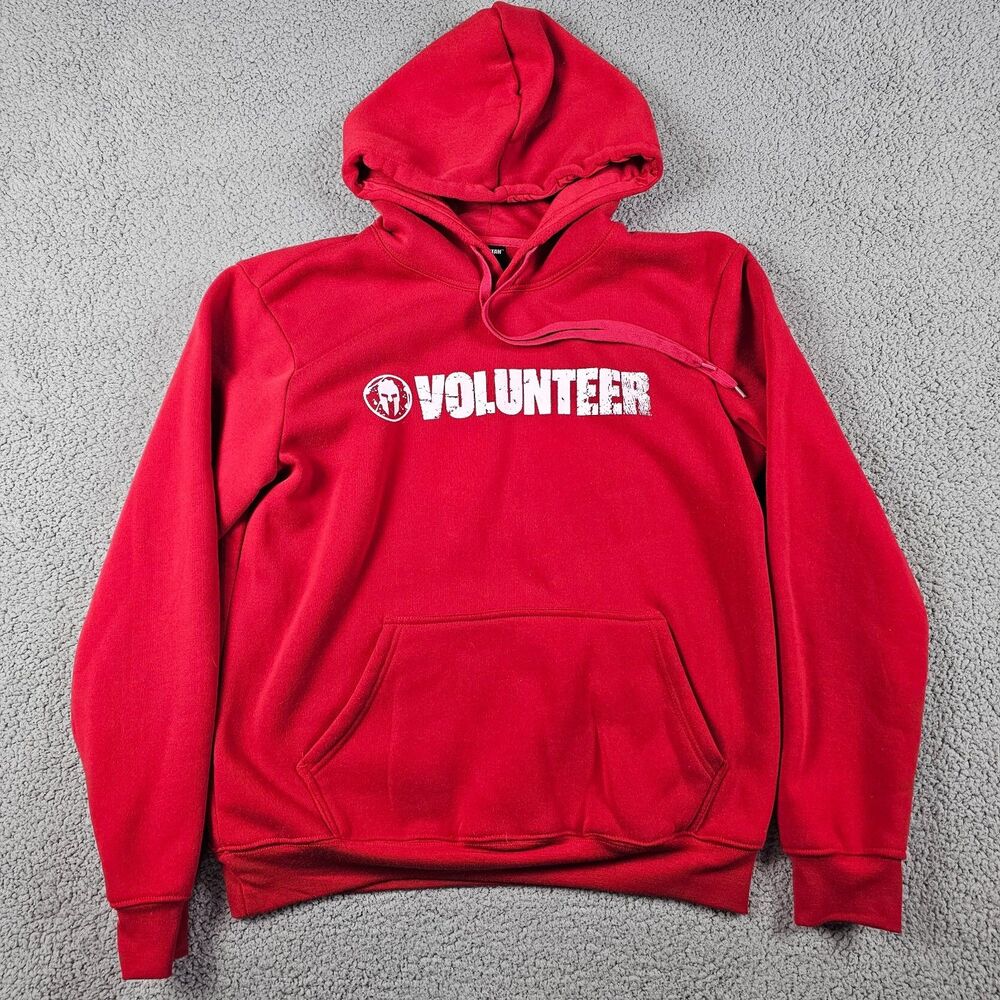 Spartan Race Hoodie Mens Medium Red Volunteer Staff Pullover Helmet Logo Graphic